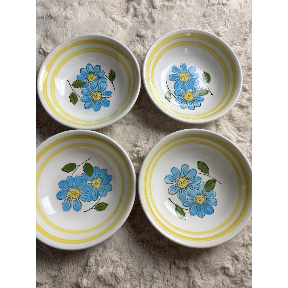 Vintage Gambles Import Made In Japan Bowls Yellow Floral Retro Pattern 7.25" 4Pc